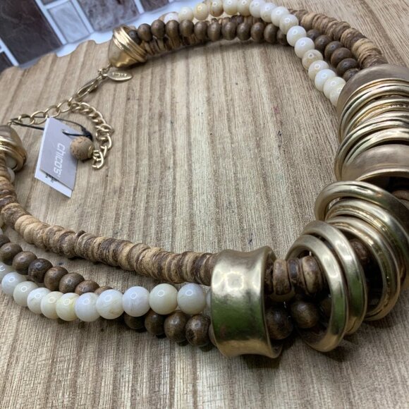 Chico's NWT Beaded Neutral Gold Tone Ring Bib Necklace - Picture 5 of 8